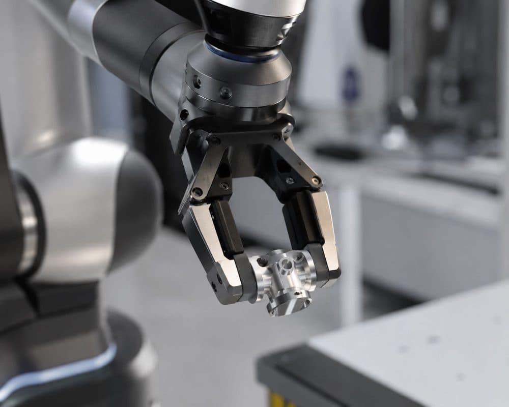 Two-finger adaptive gripper holding a machined metal part