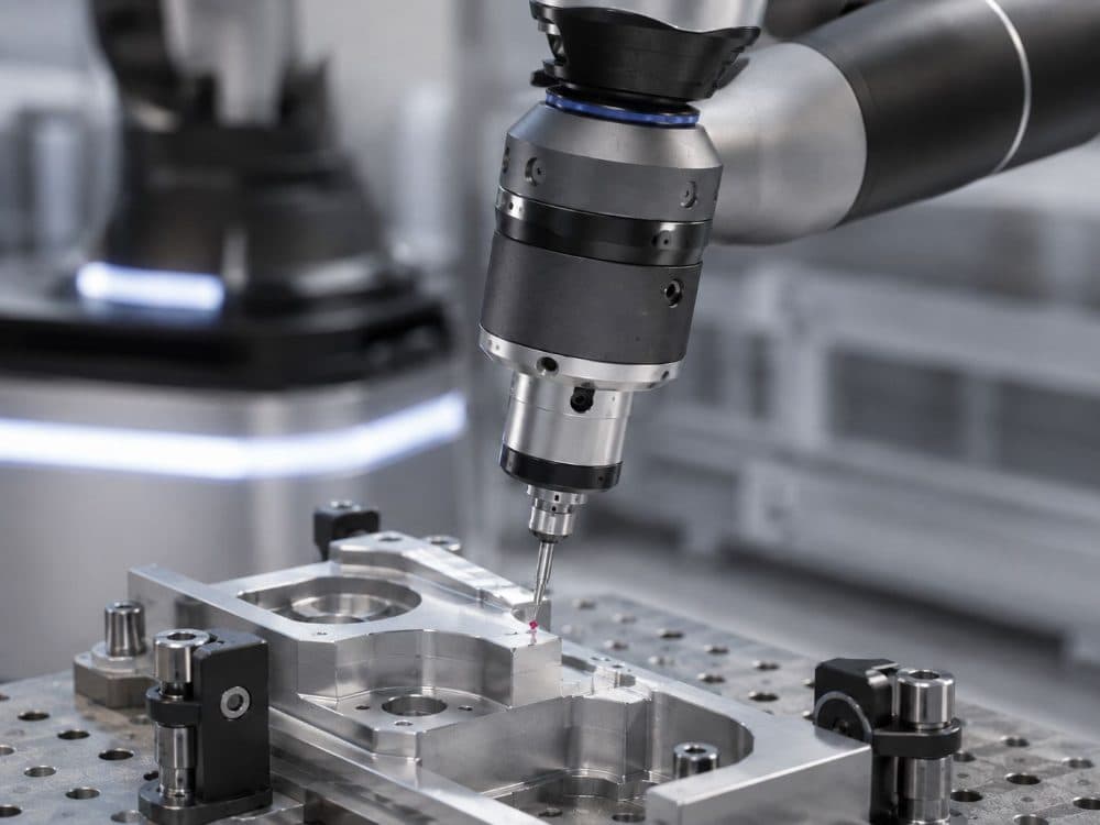 Measurement probe touching off on a clamped aluminium part