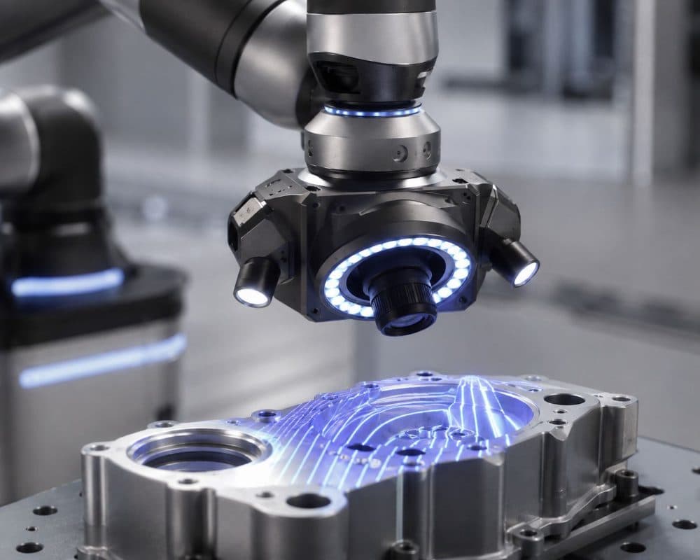 Ring-lit inspection head scanning a machined part with structured light
