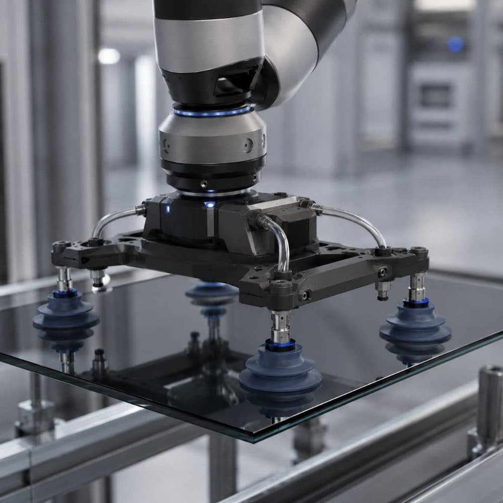 Vacuum suction gripper lifting a glass panel