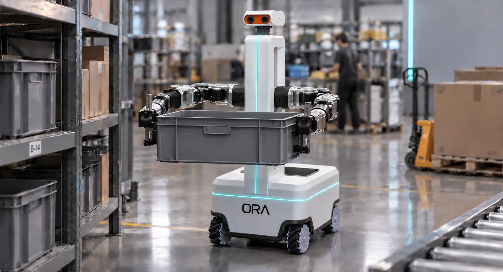 Ora mobile robot carrying a service tray while a restaurant employee places a plate on it