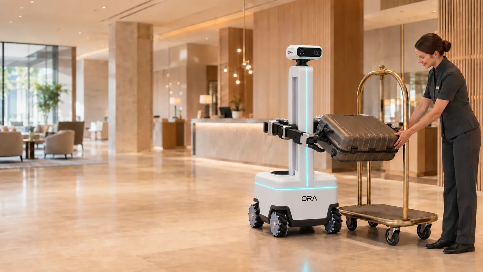 Ora mobile robot loading a suitcase onto a luggage trolley in a hotel lobby