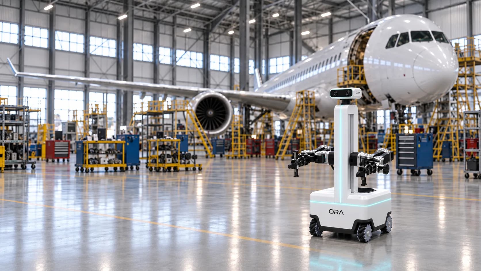 Ora mobile robot receiving a cardboard box from a warehouse operator at a conveyor