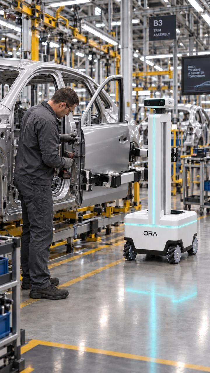 Ora mobile robot assisting a technician fitting a car door on an automotive line