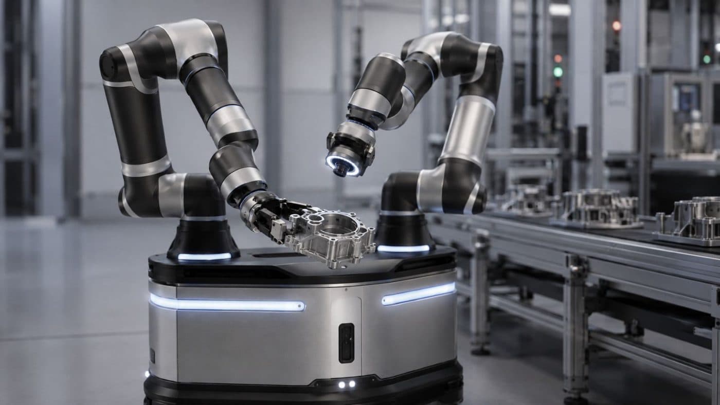 Ora two-arm mobile robot handling a metal part on an assembly line